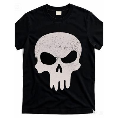 European Sizes Men's Black Oversized T-Shirt with Large White Distressed Skull Print - Vintage Grunge Streetwear Top, Round Neck Short Sleeve Shirt