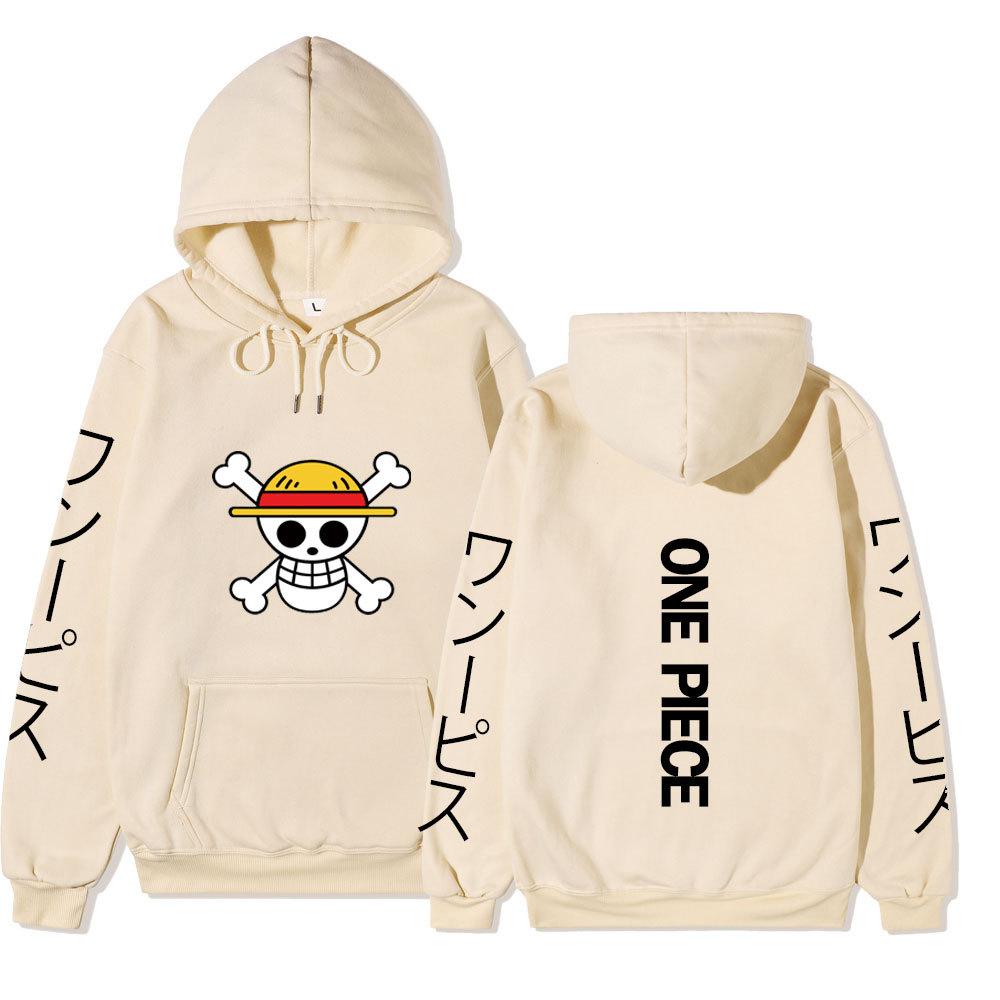 One Piece Straw Hat Jolly Roger Hoodie, Japanese Letter Sleeve Print Pullover Sweatshirt Unisex Casual Streetwear