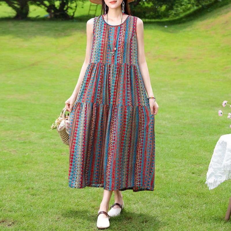 Summer  Women Plus Size Boho Dress Long Maxi Sundress Party Dress Elegant Vestidos Print O-neck High Waist Sleeveless