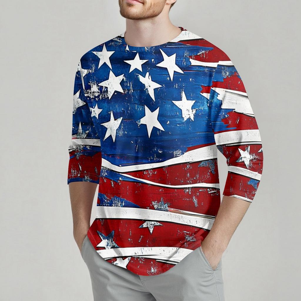 Men's Fashion Casual Independence Day Print  Neck Seven-point Sleeve Top T-shirt