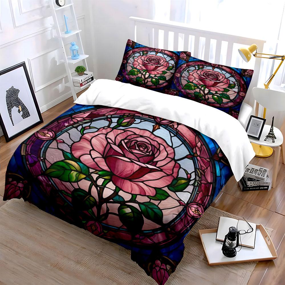 "Stained Glass Rose Decorative Set" Bedding Set with 1 Duvet Cover 2 Pillowcases Single Double King Queen, Gift