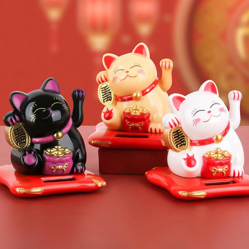 Fortune Cat Solar Waving Ornament - Creative Car and Home Decor for Wealth and Prosperity