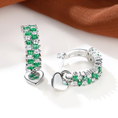Fashion Green White Zircon Hoop Earrings for Women Silver Color Heart Pendant Geometric Earrings Wedding Party Jewelry Gifts