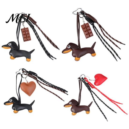Backpack Decoration Charm Faux Leather Dachshund Keychain Pendant, Cartoon Dog Hanging Theme Key Ring Decor with Braided Rope, Handbag Decorative
