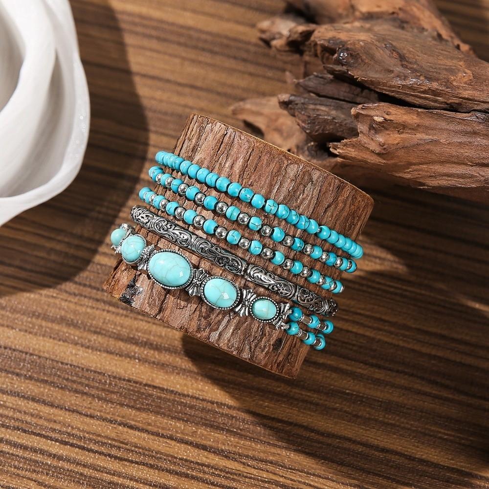 5 Stück Neues Türkis Armband Elastisch Böhmisches Perlenarmband Set Handgefertigt Stapelbar Handkette Geschenke