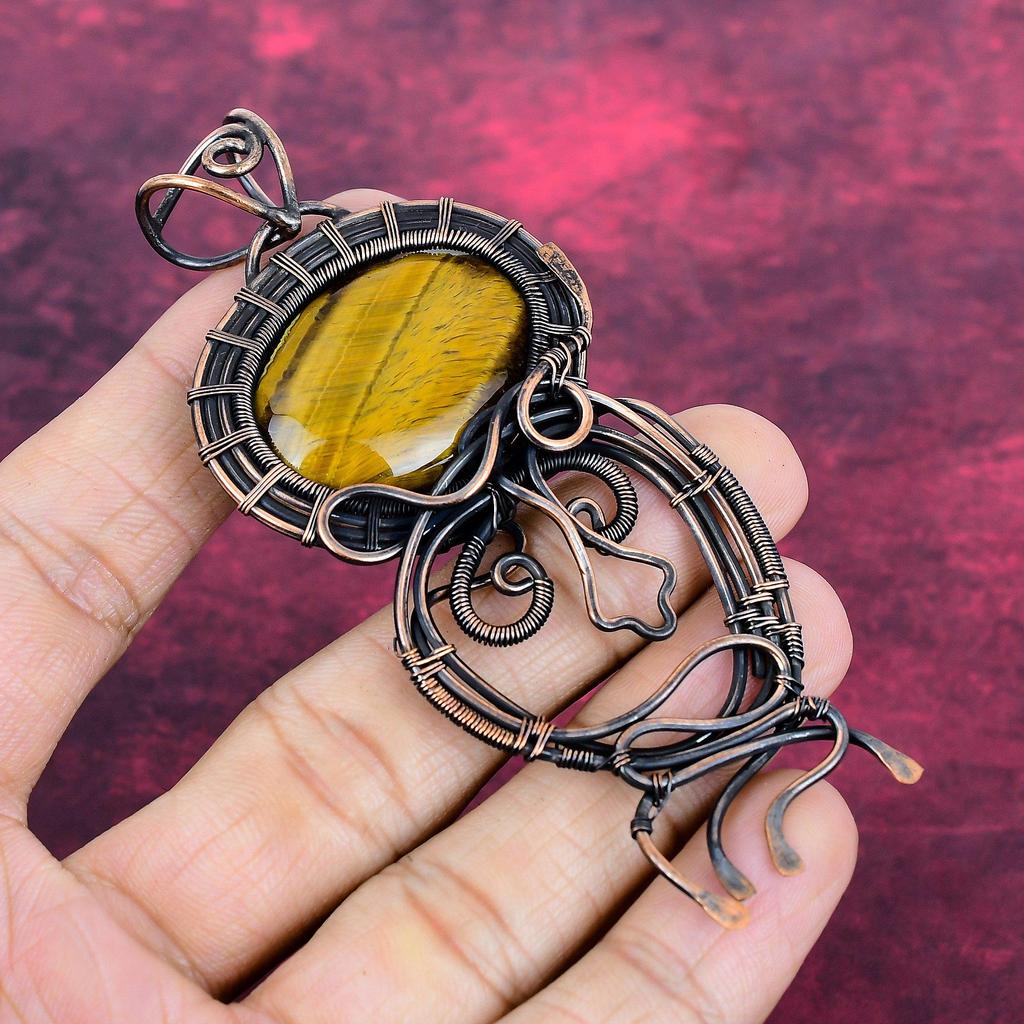 Tiger's Eye Pendant Handmade Copper Wire Wrapped Jewelry Gemstone Dainty Pendant