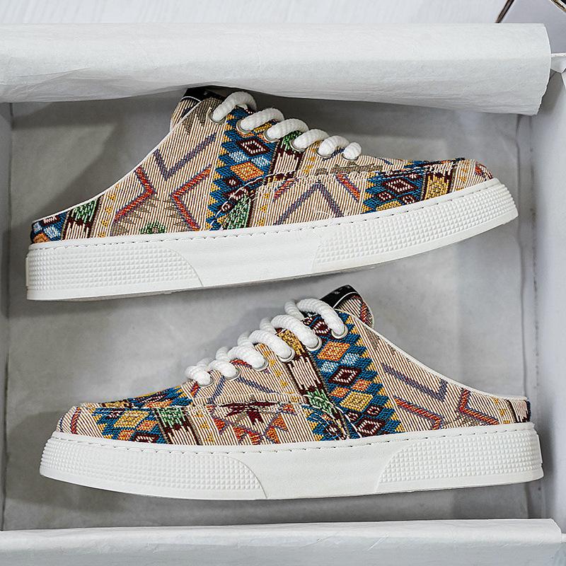 2025 Summer New Half-tray Men's Board Shoes One Pedal Half-drag Mesh Breathable Lazy Casual Canvas Trend Shoes