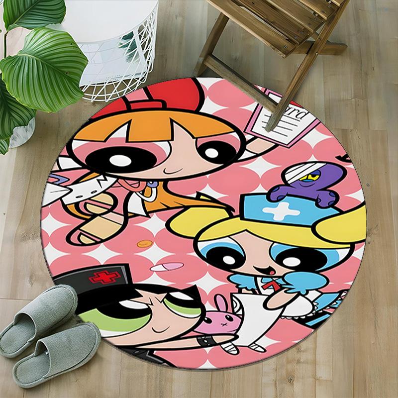1pc Powerpuff6 Carpet, Round Rug, Comfortable, Suitable for Entryways, Living Rooms, Office, And Bedrooms, Christmas Decoration
