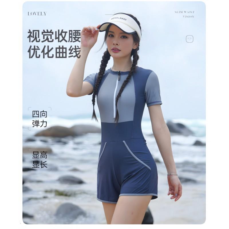 Swimsuit Women's One-piece Conservative Slightly Fat Girl's Sports Short-sleeve Straight Box Large Size Belly Cover Slimming Students In Hot