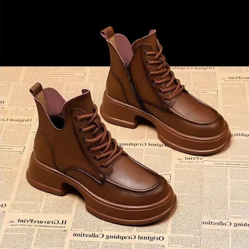 Round Toe Platform Lace-up Booties Leather Fleece-Lined Ankle Boots for Women Autumn Winter Trend 2025 Goth Woman Short Shoes