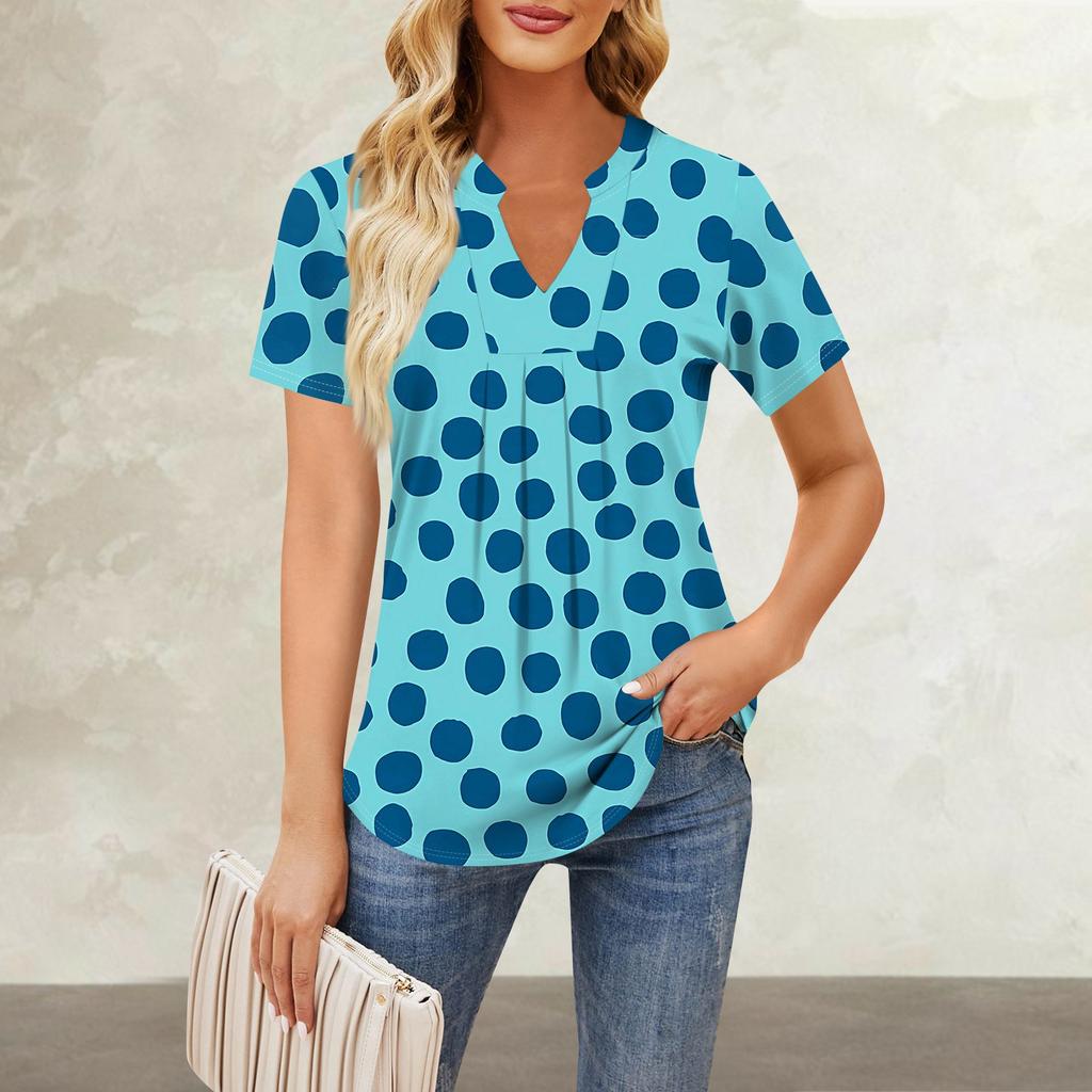Women's Short Sleeve Casual V-neck Chest Pleated Printed Loose T-shirt Top