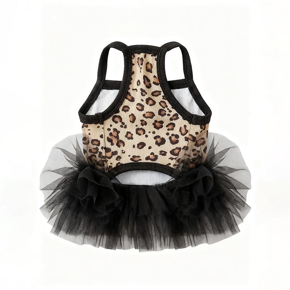 Fashion Leopard Dog Dress with Tulle Skirt Cute Pet Princess Outfit for Small Breeds Party Photoshoot Daily Wear