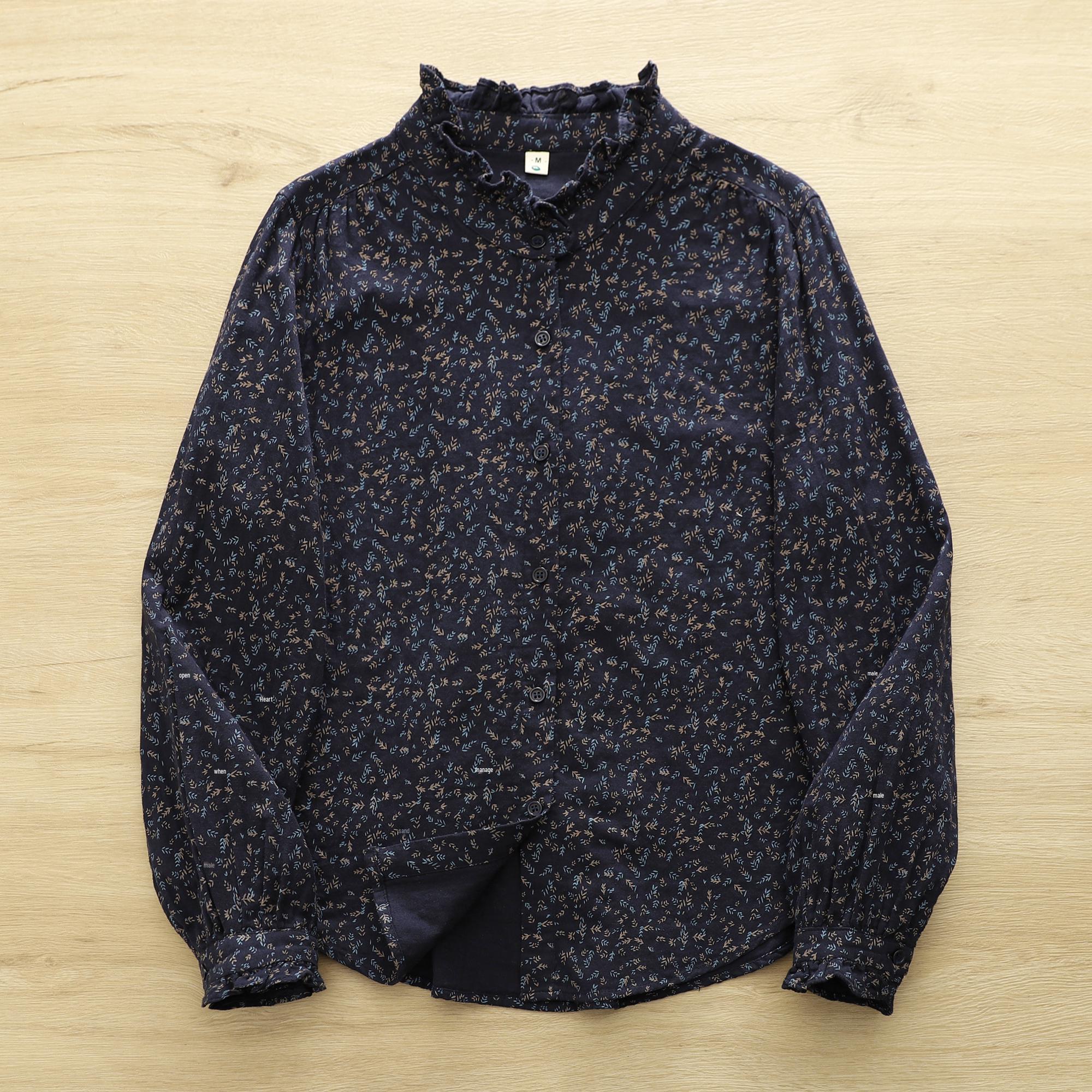 

French Literary Print Long Sleeve Cotton Shirt for Women L (Recommended for 110-125 catty) темно-синий