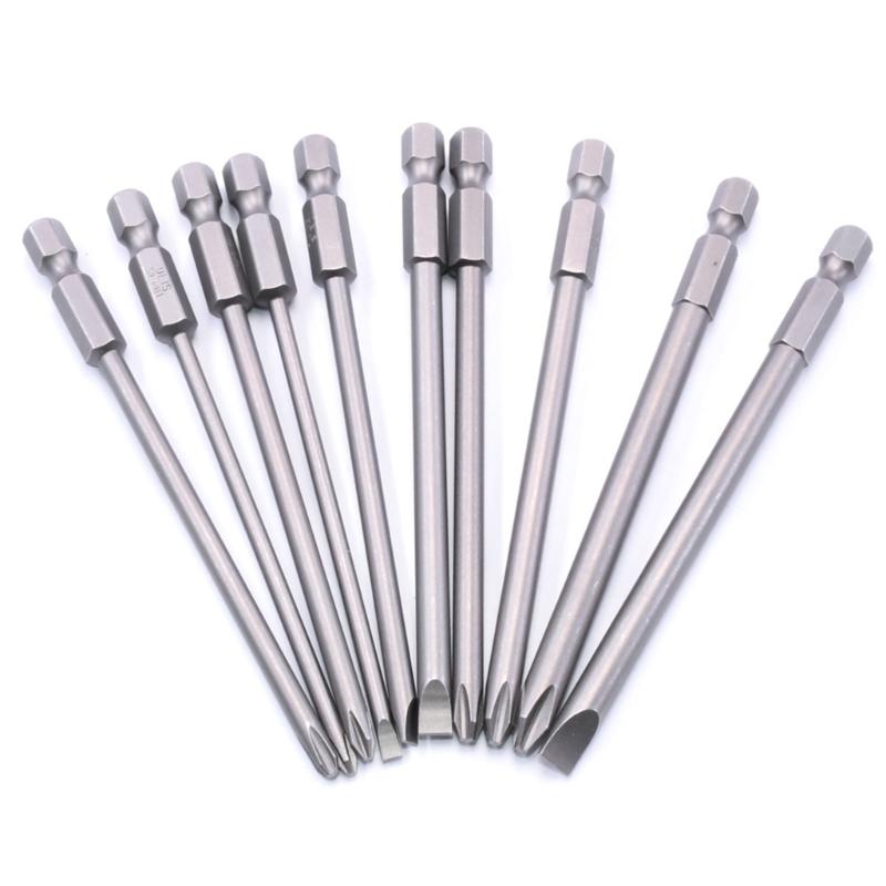 Pack Of 10 Precise Screwdriver Bit Set 100mm Length SL3.0/SL4.0/SL5.0/SL6.0 PH1/PH2 Suitable for Slotted & Crosshead Use