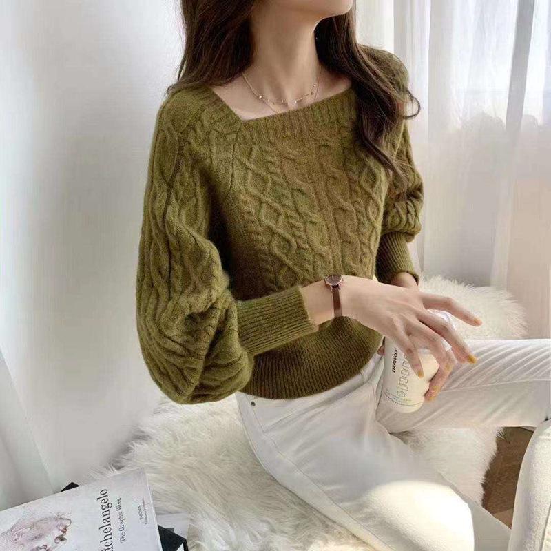 

Women s Retro Square Collar Thickened Twist Knit Sweater - Autumn/Winter Korean Style, Loose Waist-Slimming Outerwear One Size зелений