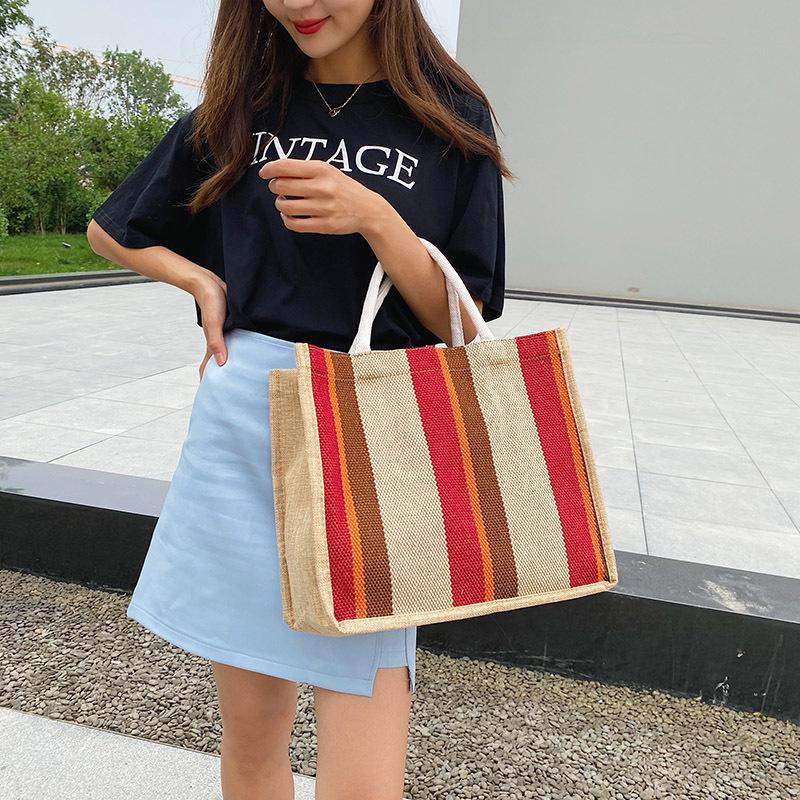 Women's Bag Cotton and Linen Large-capacity Shoulder Portable Tote Bag 2025 New Line Striped Contrasting Color Handbag