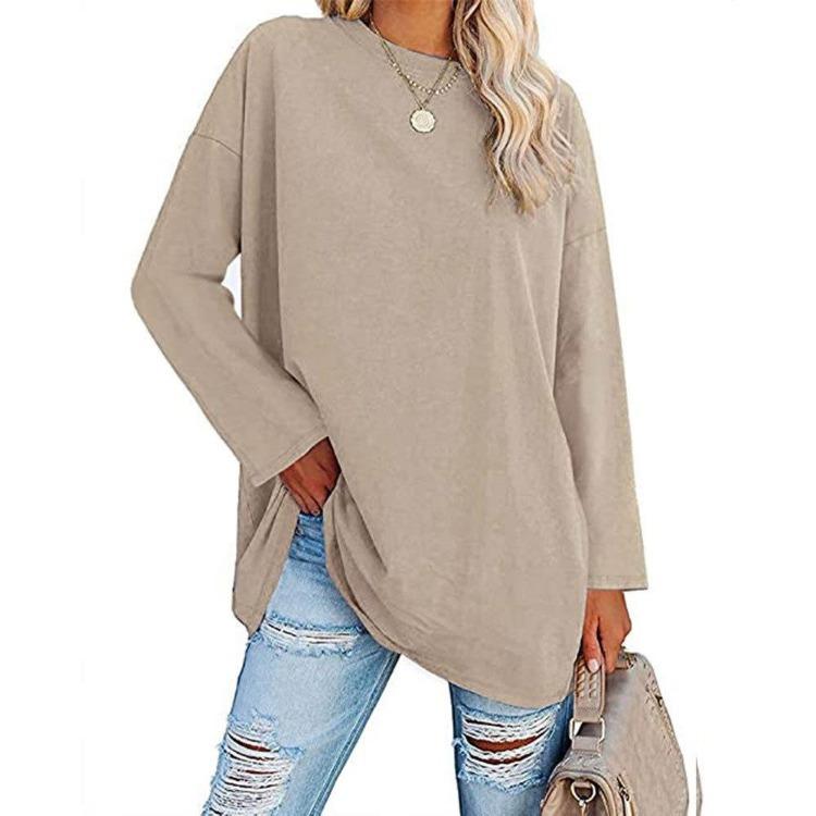 Women's Big Size Casual Long Sleeve Round Neck Solid Color T-Shirt Spring Autumn Plus Size Clothing