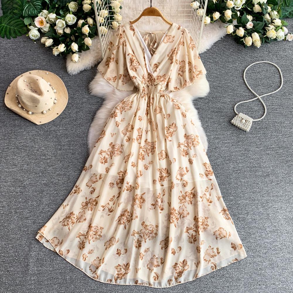 Women's V Neck Floral Chiffon Maxi Dress High Waist A-Line Casual Dress for Summer Vacation