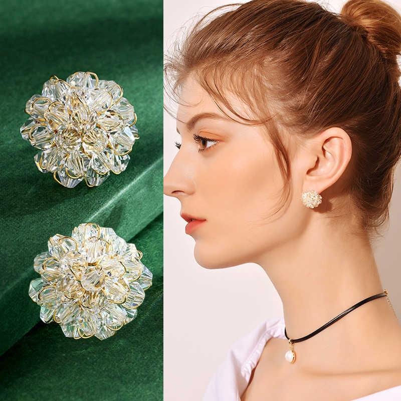 Crystal Flower Earrings, Handwoven Romantic Design, Elegant Women's Jewelry, Special Gift or Wedding Accessory, 2x2cm