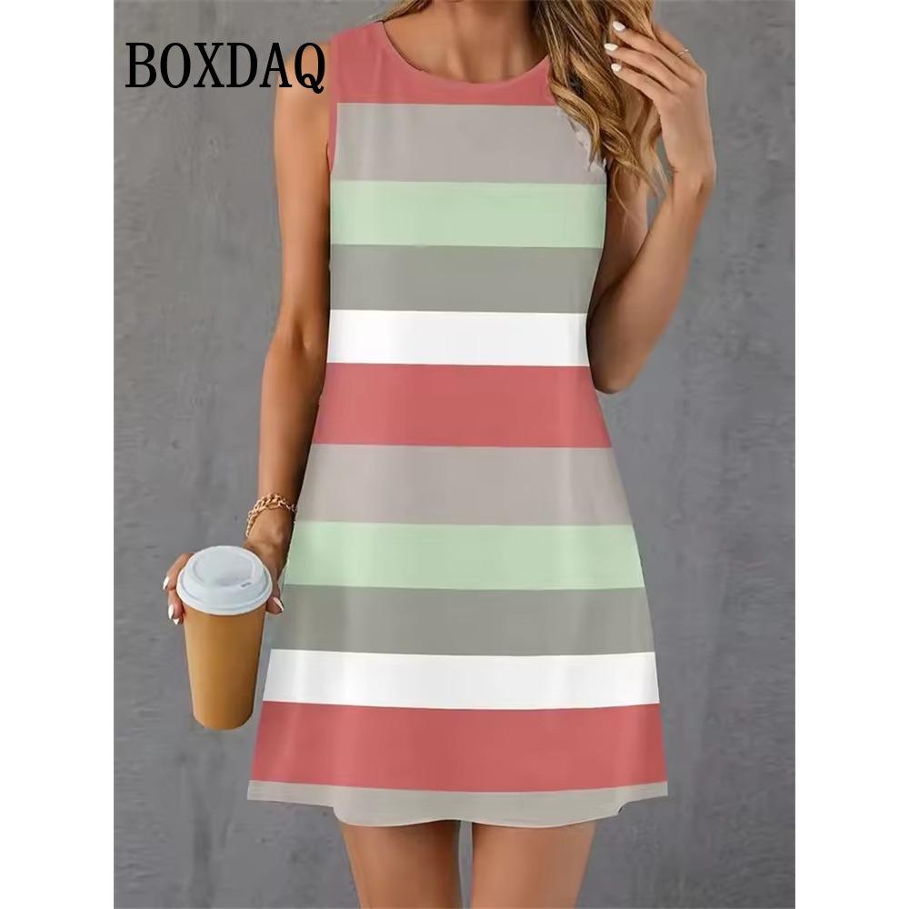 Women's Summer Casual Striped Long T-Shirt Dresses Sleeveless Round Neck Beach Loose Casual Vacation Short Tank Dress Sundress