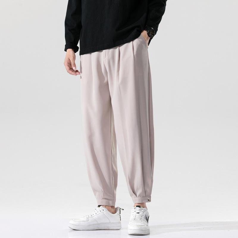 New men's casual pants solid color ice silk texture simple straight suit pants nine-point pants men