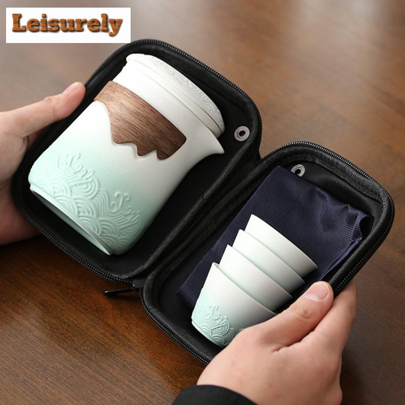 Teapot And Tea Cup Set Kit  Tea Making Travel Tea Set Outdoor Portable Bag Chinese Sea Wave Tea Set Supplies 1 Bowl 4 Cups Gifts