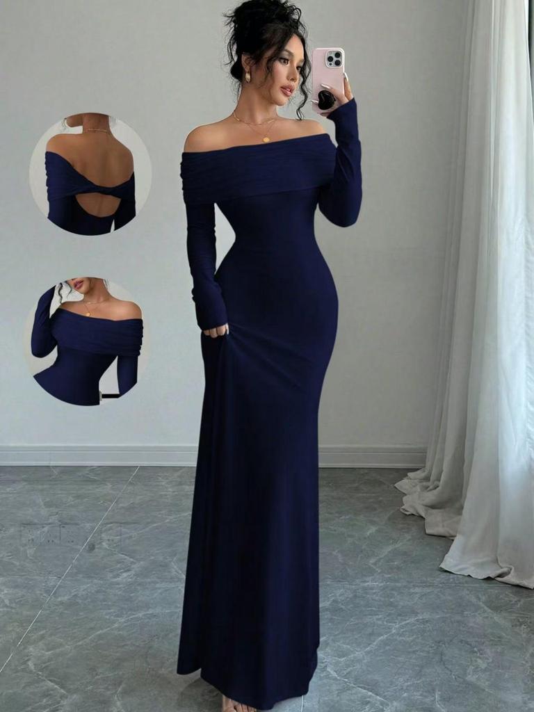 2025 Elegant Off-the-Shoulder Cross Backless Long Dress for Women – Sexy European & American Evening Wear