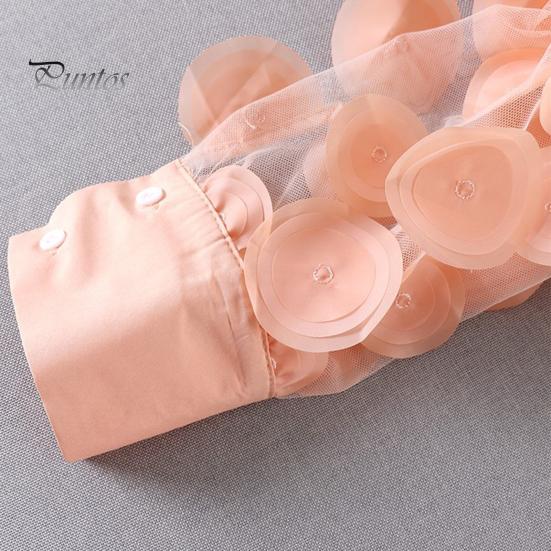 Women Summer Chiffon Shirt Lapel Lantern Long Sleeve Shirt Tops 3D Floral Print Semi-Sheer Mesh Splicing Single Breasted Blouse