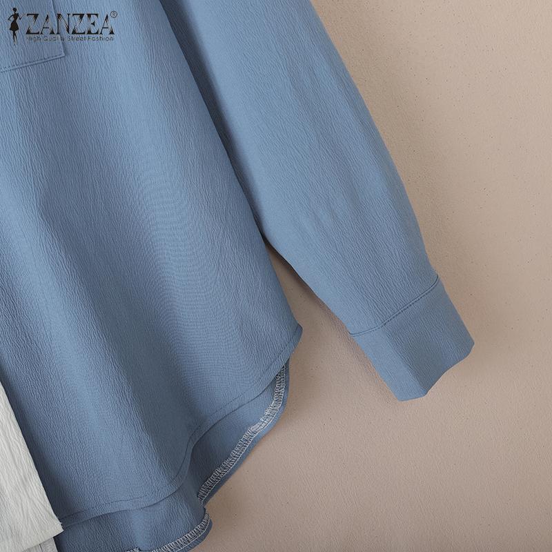 ZANZEA Women Casual Turn Down Collar Loose Long Sleeve Patchwork Blouse
