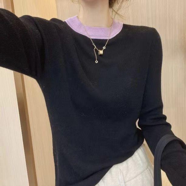 Round Neck Sweater Base Sweater Contrasting Color Design Autumn and Winter Korean Version Fashionable Loose and Slimming Knit Sweater Top for Women