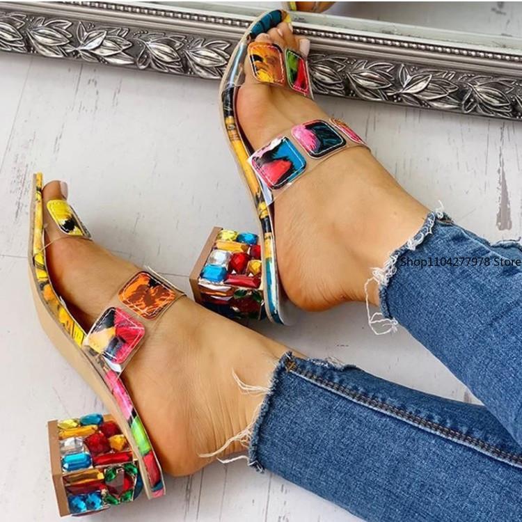 Fashion Chunky Heeled Women Sandals 2025 Hot Sale Rhinestone Heeled Peep Toe Lady Sandals Versatile Fashion Slip On Outwear Sandals