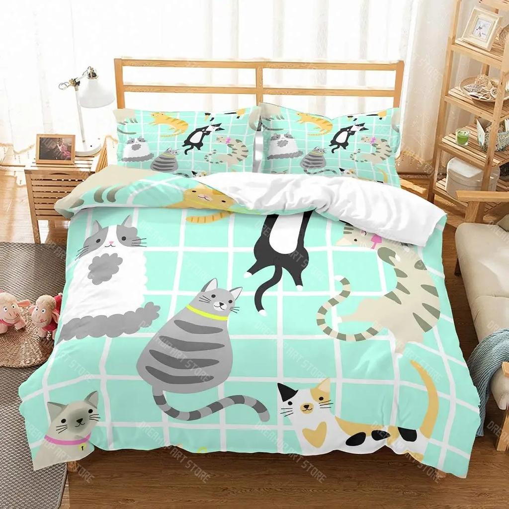 Boys Girls Animal Theme Cute Kitten Pattern 2_3pcs 3D Kids Cats Bedding Set Twin Size Green Cartoon Cats Bedding Set for Kids