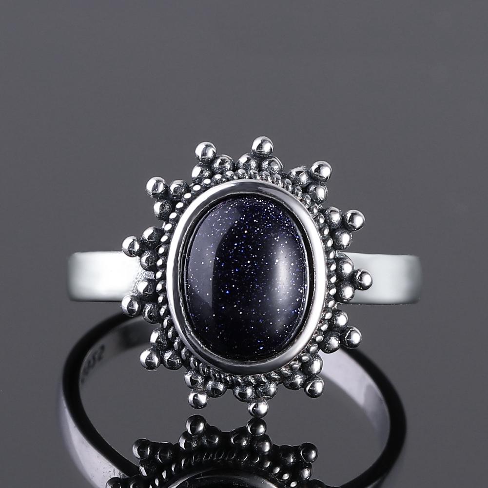 S925 Silver Ring for Women Oval Round Dropwater Natural Blue Sandstone Ring Gift Sun Shaped Retro Luxury Fine Jewelry