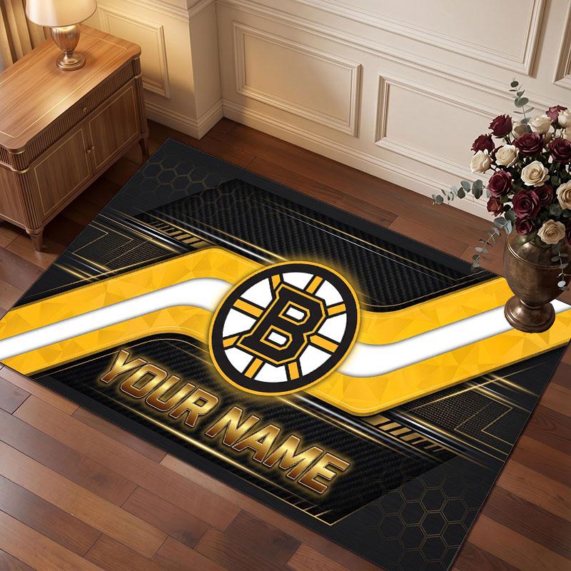 Tappeto in Cristallo Vellutato Personalizzato Boston Bruins, Tappeto Morbido Antiscivolo con Testo Nome Personalizzato per Soggiorno Camera da Letto