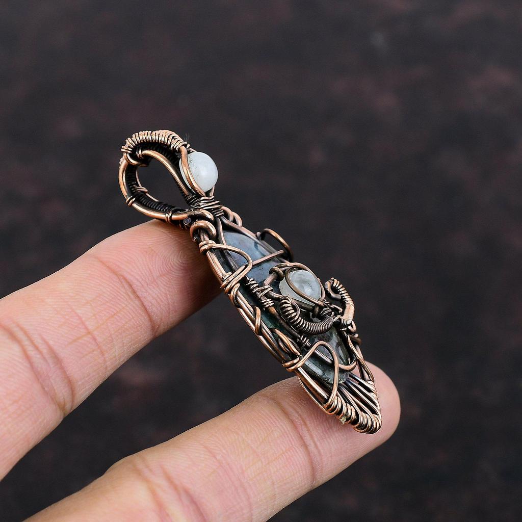 Evil Eye Ruby In Blue Kyanite Pendant Copper Wire Wrapped Pendant Rainbow Moonstone Gemstone Jewelry Handmade Evil Eye Jewelry Gift For Wife