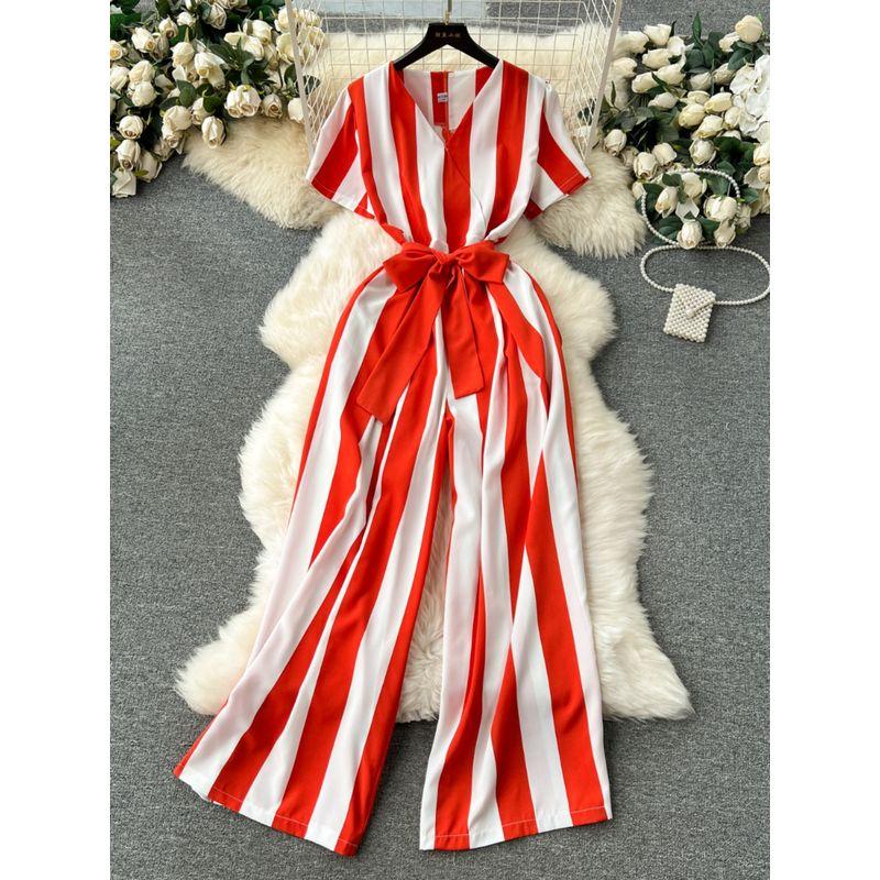 European and American Color Matching Striped Lace-up Waist-Tight Long Jumpsuit