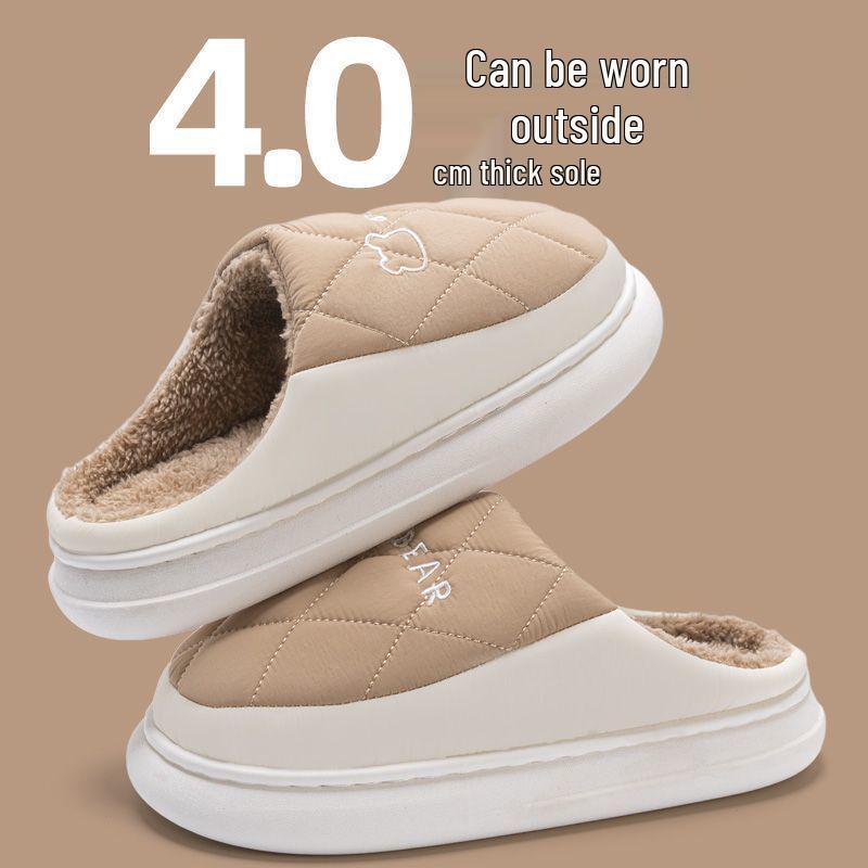 Dirt-Resistant Waterproof Cotton Slippers for Women, Simple Grid Pattern, Non-Slip, Durable, Indoor Warmth, Essential Home Footwear