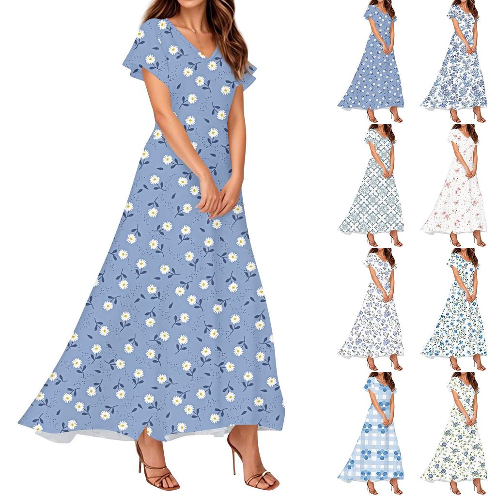 Women's Summer Casual Fashion Print Dresses V-Neck Short Sleeve Dresses
