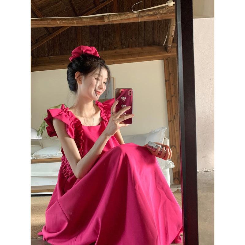 Retro square neck fungus edge small flying sleeve dress women's summer loose and thin high-end texture rose red dress