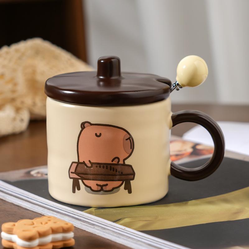 Cute Capybara Ceramic Coffee Mug Vintage Series Cartoon Print Water Cup + Lid Set Home Cafe Afternoon Teacups Friend Gift