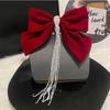 Cloth Bowknot Spring Clip Rhinestone New Year Hairpin Red Velvet Bow Hair Clip  Ponytail Holder