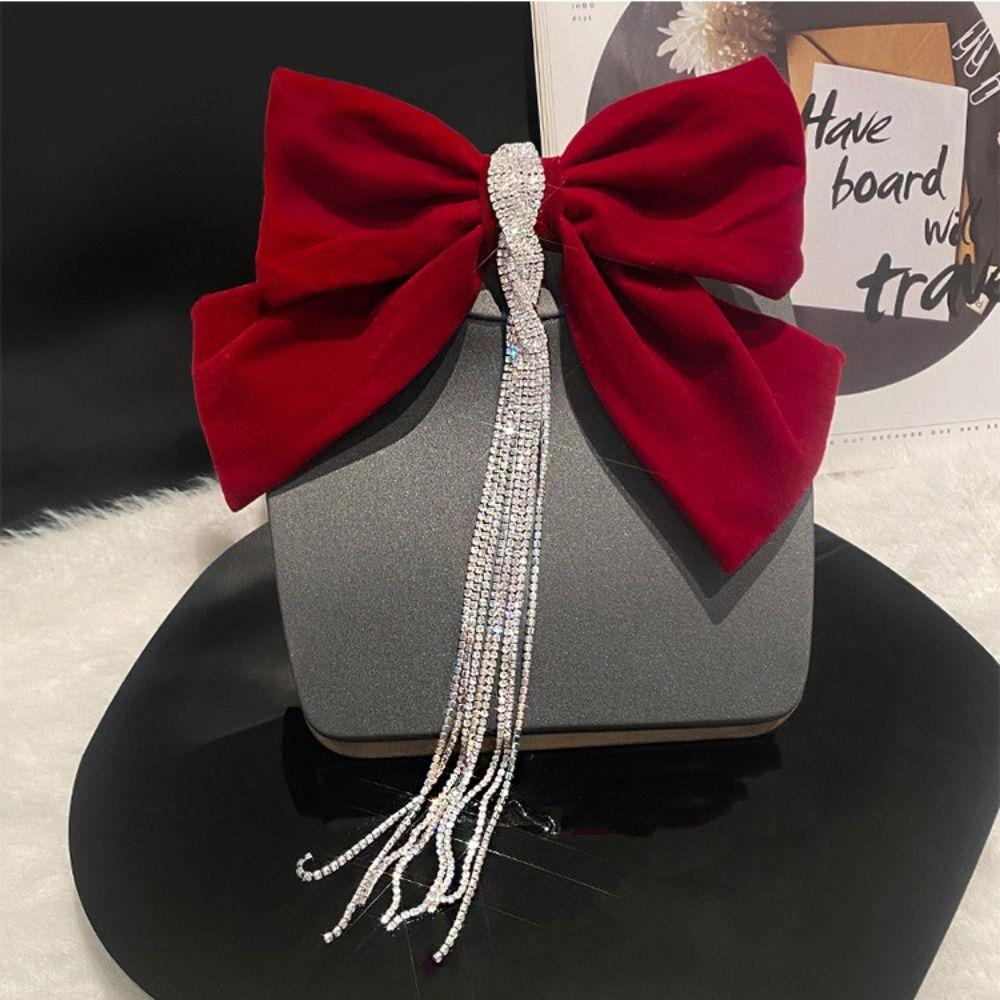 Cloth Bowknot Spring Clip Rhinestone New Year Hairpin Red Velvet Bow Hair Clip Ponytail Holder