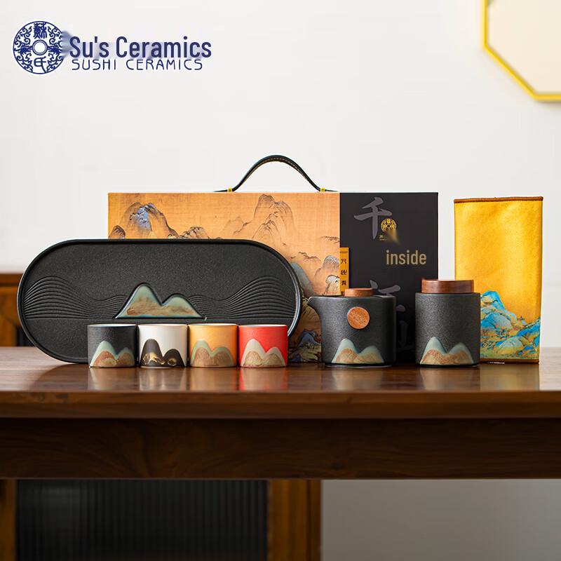 

Hand-Painted Ceramic Landscape Tea Set with Dry Tray