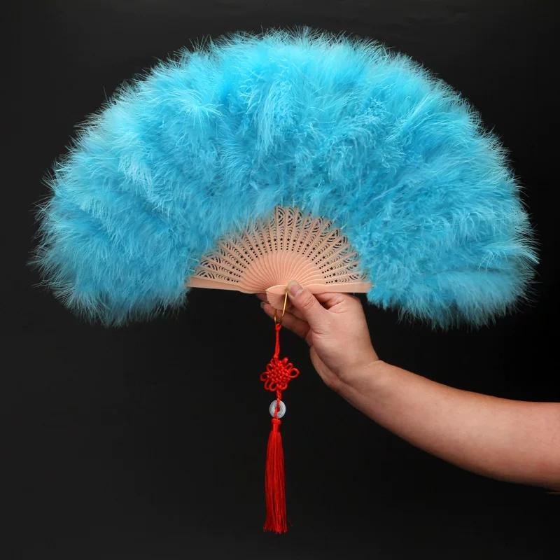 White Feather Fan Full Velvet Thickening Cheongsam Catwalk Folding Fan Yudi Boutique Night Shanghai Chinese Ancient Style Dancing Folding Fan Female
