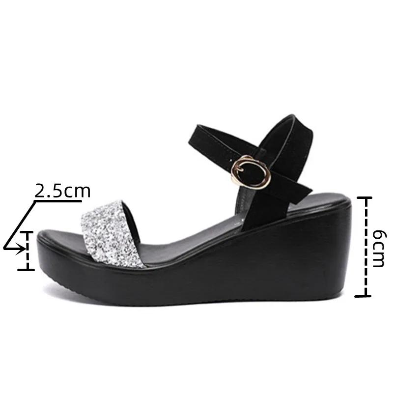 6cm Small Size 32-43 Bling Silver Black High Heels Shoes Summer Platform Sandals 2025 Women's Wedges Sandals for Office Beach