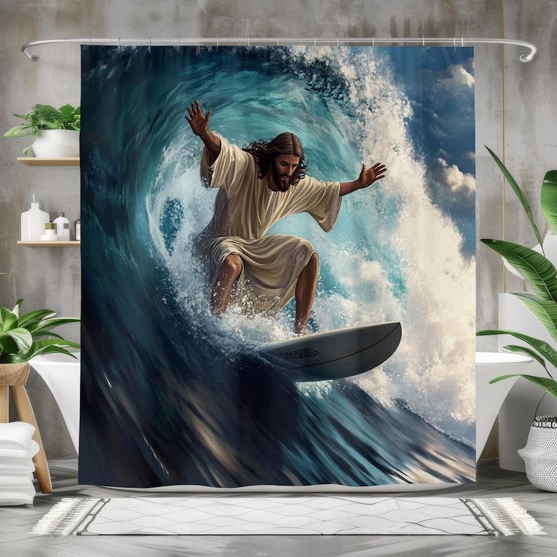 

Surfing Jesus Shower Curtain - Spiritual Surf Decor, Ocean Wave Bathroom Curtain, Unique Christian Gift, Multiple Sizes W90XH180cm