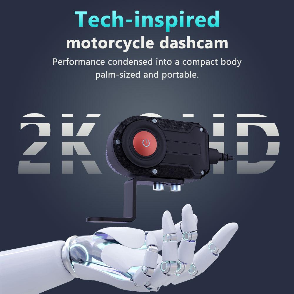 2K HD Motorcycle Dash Cam with WiFi, Image Stabilization, and IP66 Waterproof.