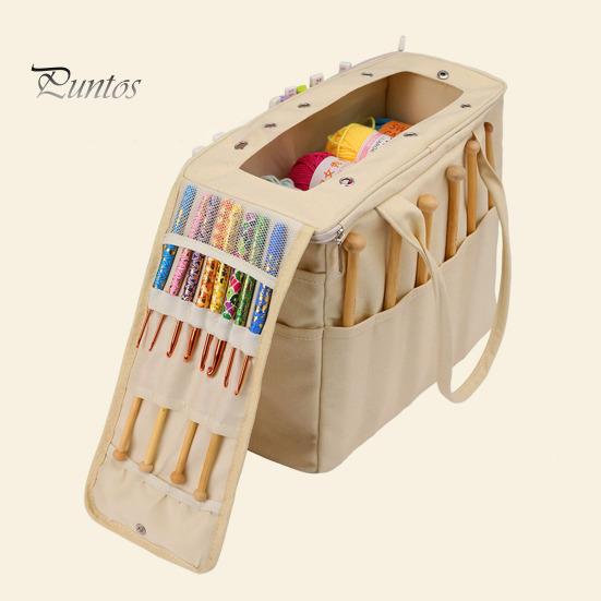 Canvas Yarn Storage Bag Solid Knitting Bag Handle Design Lightweight Portable Large Capacity Tote Organizer with Multi-layer Pockets