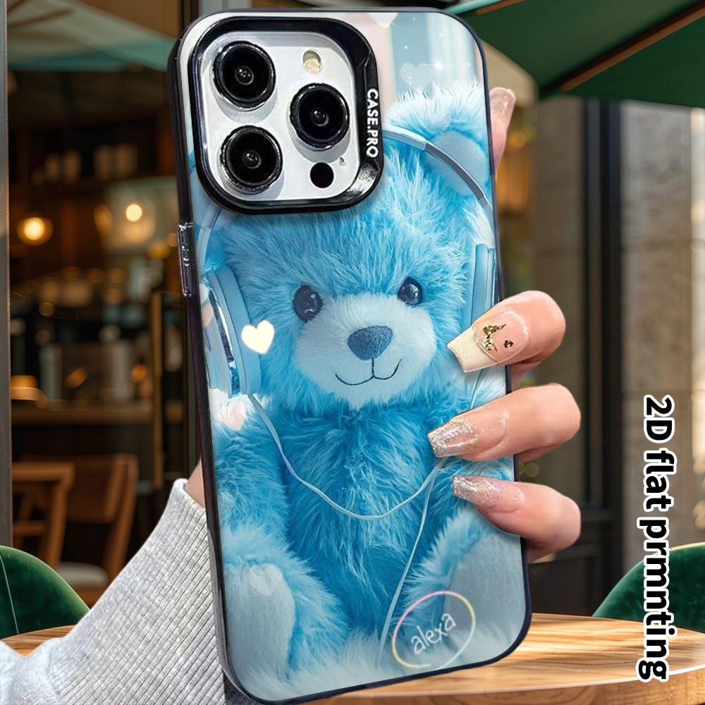 Phone Case: 2D Flat Design Suitable for iPhone 18, 17, 16, 15, 14, 13 Pro, Color Silver Protective Case, Couple Style, Blue Bear, Christmas and Hallow