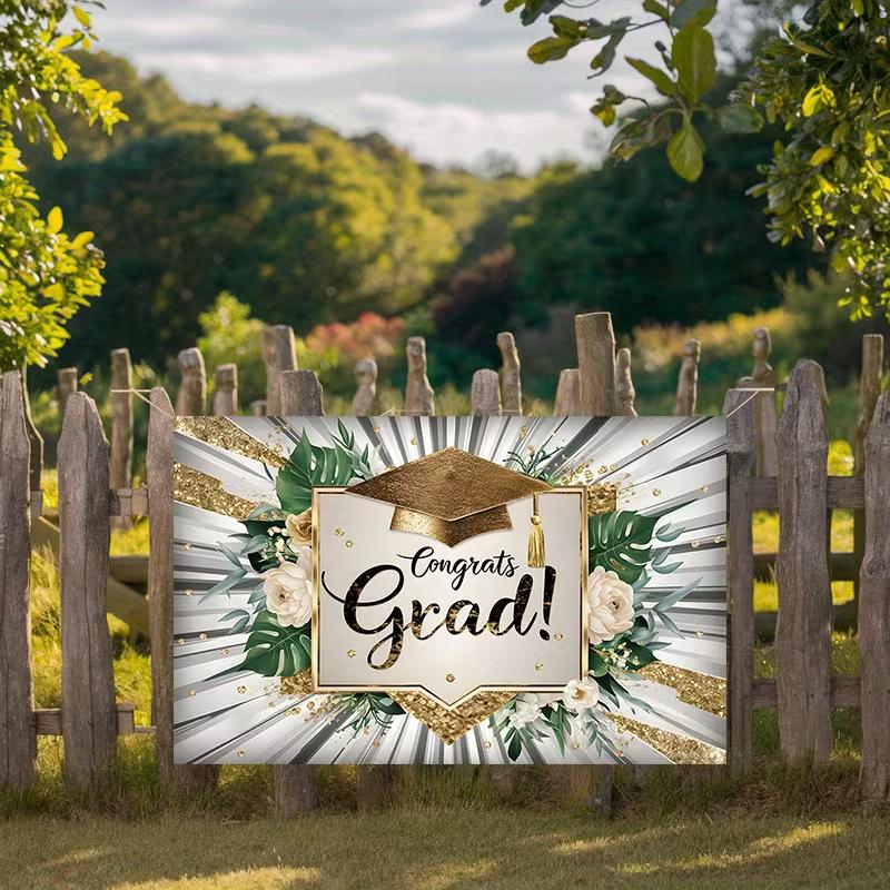 Elegant Gold Glitter Grad Backdrop, 150x130cm Greenery White Roses Grad Cap Tapestry for Grad Party Decor